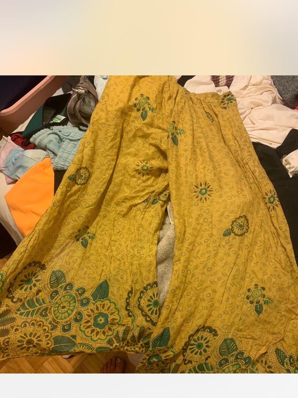 Hippie,boho vintage Yellow Floral Print Wide-Leg Flared Bottoms